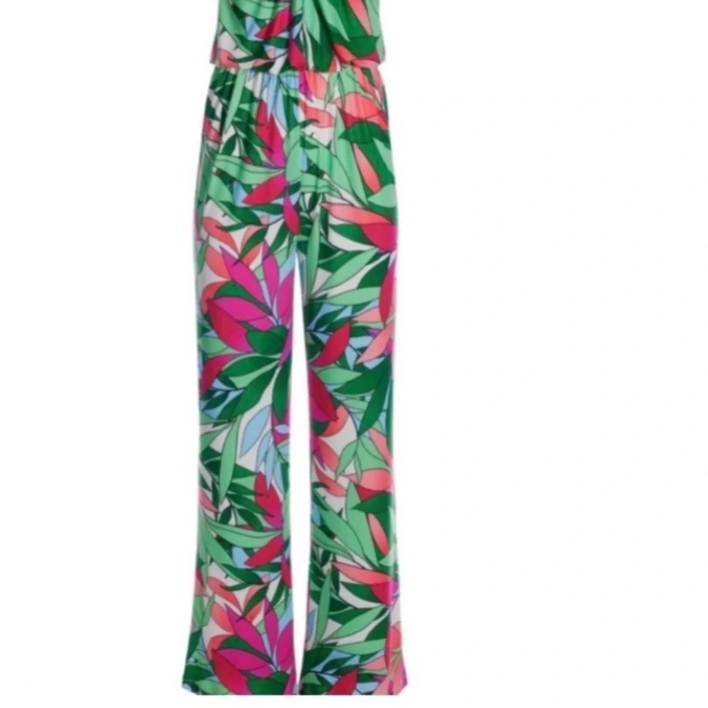 Boston Proper Tropical Palm Print Dela Halter Ring Jumpsuit‎ Sz S